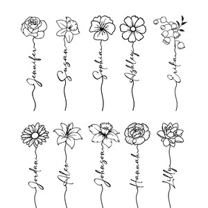 May include: A black and white graphic featuring the word Examples at the top, followed by ten distinct floral illustrations. Each flower is paired with a unique name written in a cursive script, including Jennifer, Susan, Sophia, Ashley, Erika, Jordan, Alex, Johnson, Hannah, and Lilly.