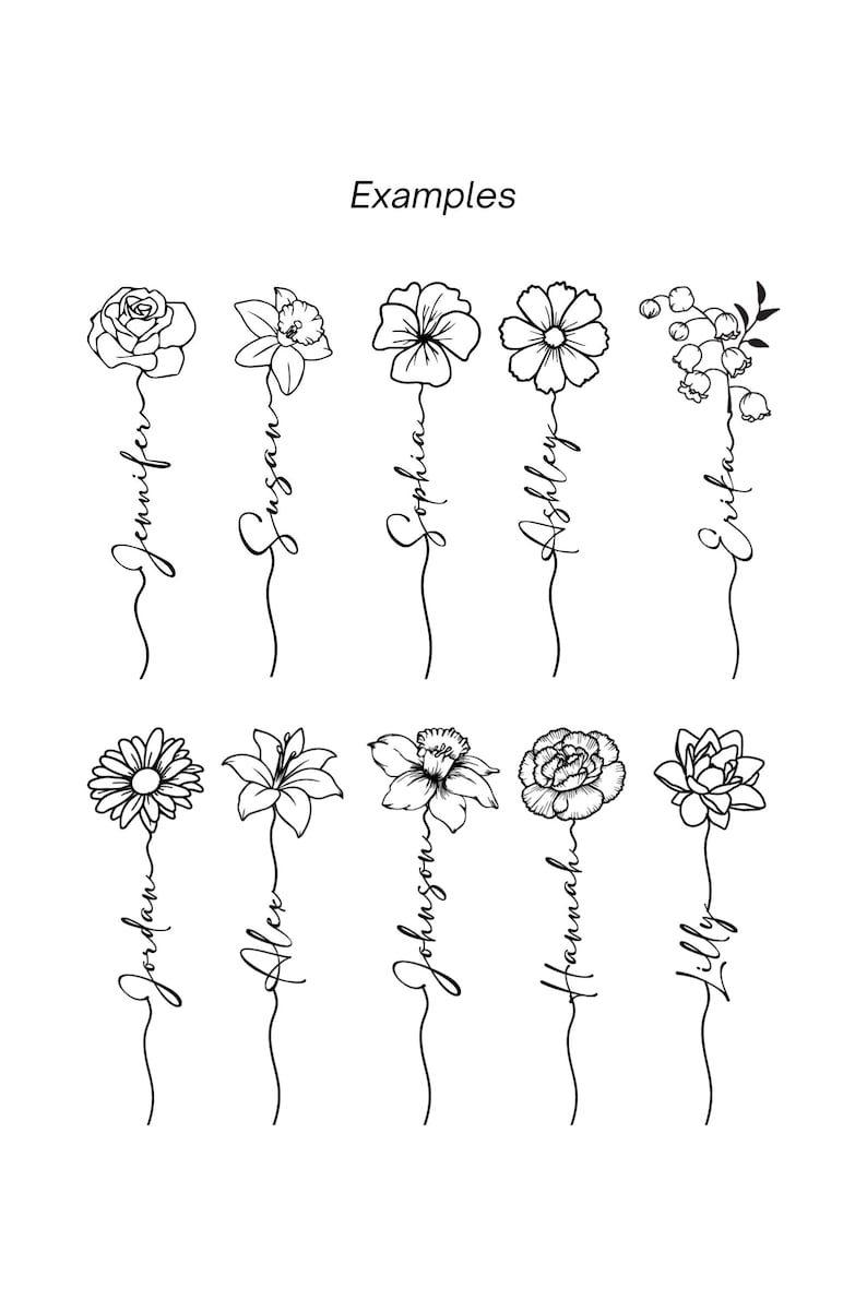 May include: A black and white graphic featuring the word Examples at the top, followed by ten distinct floral illustrations. Each flower is paired with a unique name written in a cursive script, including Jennifer, Susan, Sophia, Ashley, Erika, Jordan, Alex, Johnson, Hannah, and Lilly.