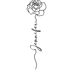May include: A black and white line art illustration featuring a rose blossom at the top, with the name Jennifer written in a flowing cursive script extending downward from the flower stem. The text Example appears at the top, with Name: Jennifer and Flower: Rose printed at the bottom.