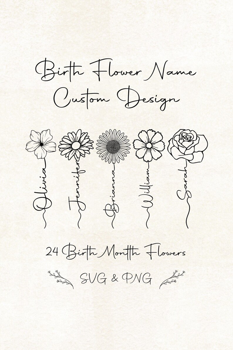 Custom Birth Flower Name Tattoo | Minimalist Birth Month Design | SVG ...