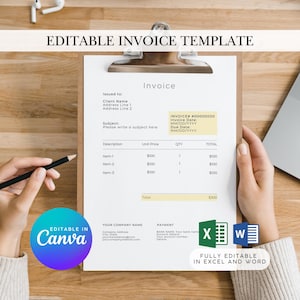 May include: Editable invoice template with a yellow background. The template includes fields for client name, address, invoice date, due date, description, unit price, quantity, and total. The template is fully editable in Excel and Word.