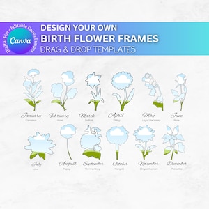 May include: A chart with 12 flower illustrations, each representing a different month of the year. The flowers are outlined in black and filled with a light blue color. The chart includes the name of the month and the corresponding flower name.