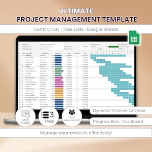May include: A laptop screen displaying a project management template with a Gantt chart, task lists, and Google Sheets integration. The template includes a dynamic timeline calendar, progress bars, and a dashboard. The image also features icons for an easy guide, tabs, and team management. Text on the screen reads "Manage your projects effectively!"