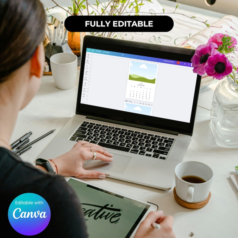 May include: A person working on a laptop and tablet, both displaying a calendar template. The laptop screen shows "FULLY EDITABLE" in a black bar. The tablet has the word "creative" written on it, and the words "Editable with Canva" are in a circle.