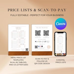 Plantilla de lista de precios, letrero con código QR editable para escanear y pagar, listas de precios de menús de restaurantes, plantillas de Canva para listas de precios de paquetes, perfectas para empresas