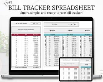 May include: A digital bill tracker spreadsheet on a tablet. The spreadsheet displays monthly expenses, with columns for due dates, bills, and expected amounts. Text on the screen reads "BILL TRACKER SPREADSHEET".