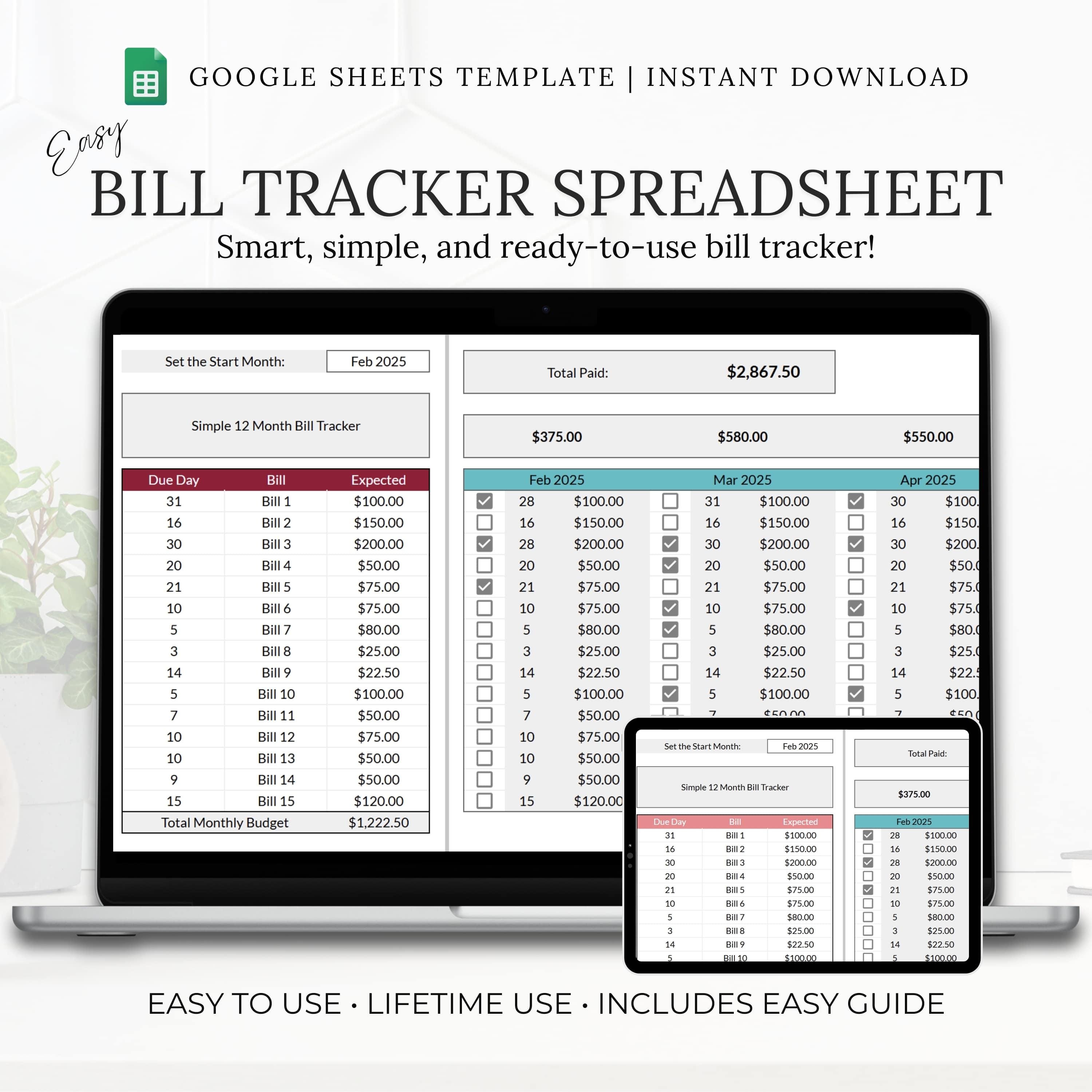 Bill Payment Tracker Template: Google Spreadsheet, Monthly Expense ...