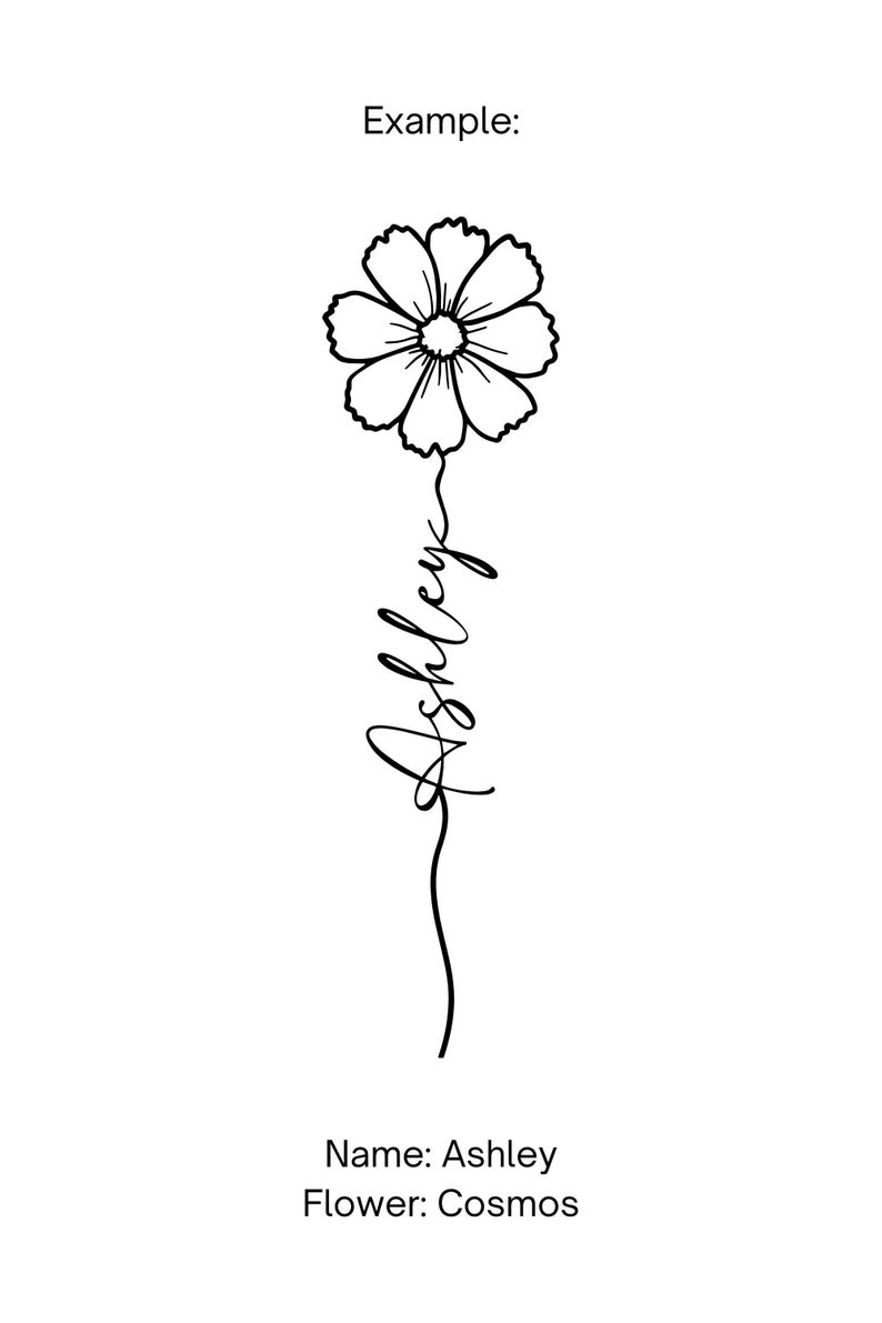 May include: A black and white line art illustration featuring a cosmos flower at the top with the name Ashley written in a cursive script forming the stem of the flower. The text Example, Name: Ashley, and Flower: Cosmos appear on the page.