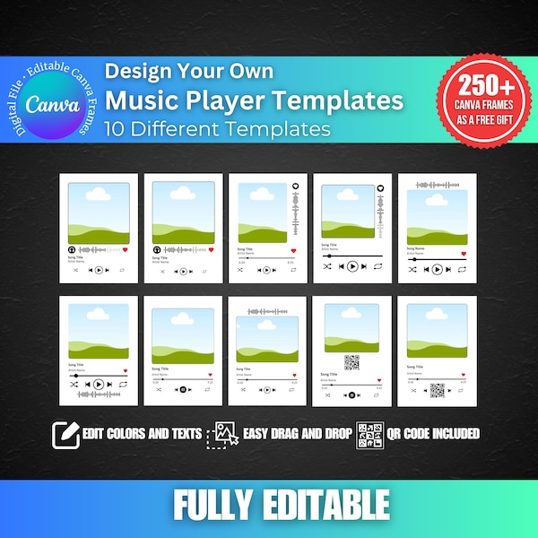 Pacchetto di modelli per lettori musicali: codice QR, modificabile con Canva, design per lettori musicali (download digitale)