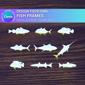 Molduras Canva editáveis de peixes oceânicos, molduras de arrastar e soltar de vida marinha, modelo Canva de tubarão, modelo Canva de baleia grande, moldura Canva de peixe-espada
