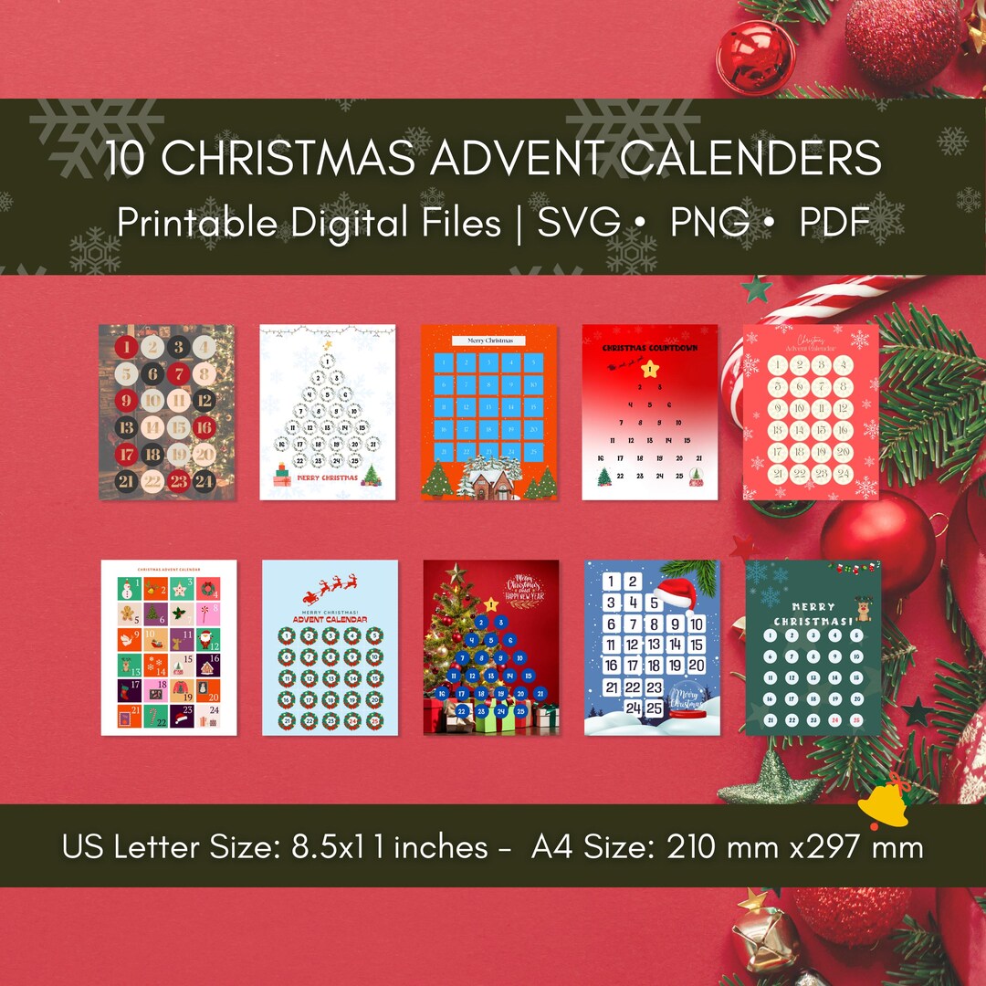 10 Printable Advent Calendars, PNG Advent Calendar, Printable Christmas