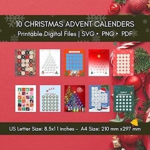 10 calendriers de l'Avent imprimables, calendrier de l'Avent PNG, imprimable Noël calendrier de l'Avent, calendrier compte à rebours de Noël, jours jusqu'à Noël
