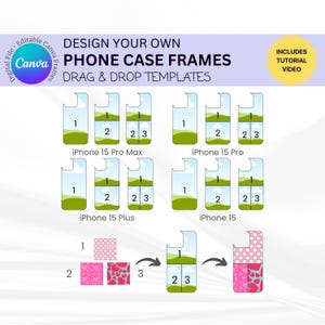 Puede incluir: Una plantilla digital para diseñar fundas de teléfono. La plantilla incluye tres secciones para agregar imágenes o texto. La plantilla está disponible para iPhone 15 Pro Max, iPhone 15 Pro, iPhone 15 Plus y iPhone 15. La plantilla está diseñada para ser utilizada con Canva.