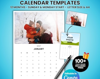 Editable 2027 Calendar, Photo Canva Templates, Custom 12 Months, Drag & Drop Frames, Digital Download