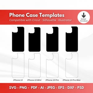 Puede incluir: Cuatro contornos en blanco y negro de fundas para iPhone para iPhone 13, iPhone 13 Mini, iPhone 13 Pro y iPhone 13 Pro Max. Los contornos son compatibles con Cricut, Silhouette e Illustrator.