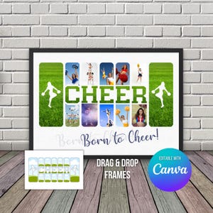 May include: A digital collage template for a cheerleading photo montage. The template features a green and white checkered background with the word "CHEER" in large green letters. The template has 12 photo frames, each with a different image of cheerleaders. The text "Born to Cheer!" is at the bottom of the template. The template is editable with Canva.
