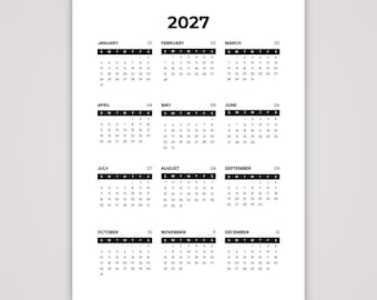 2027 Jahr auf einen Blick Kalender | Druckbare PDF | Eine Seite | A4, A3, US Letter, Tabloid | Minimalistisch | Sonntag & Montag Start