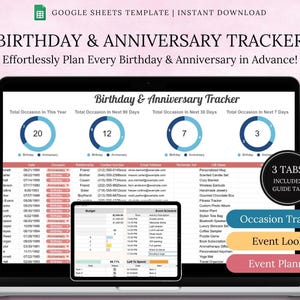 May include: A digital spreadsheet template for tracking birthdays and anniversaries, displayed on a laptop screen. The template includes sections for occasion details, contact information, and gift suggestions. Text on the screen reads "Birthday & Anniversary Tracker".