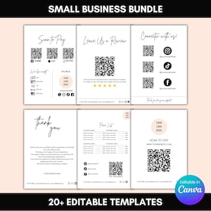 May include: A bundle of 20+ editable templates for small businesses. The templates include "Scan to Pay", "Leave Us a Review", and "Connect with us!" pages, along with a price list and a thank you note. The templates are designed to be edited in Canva.