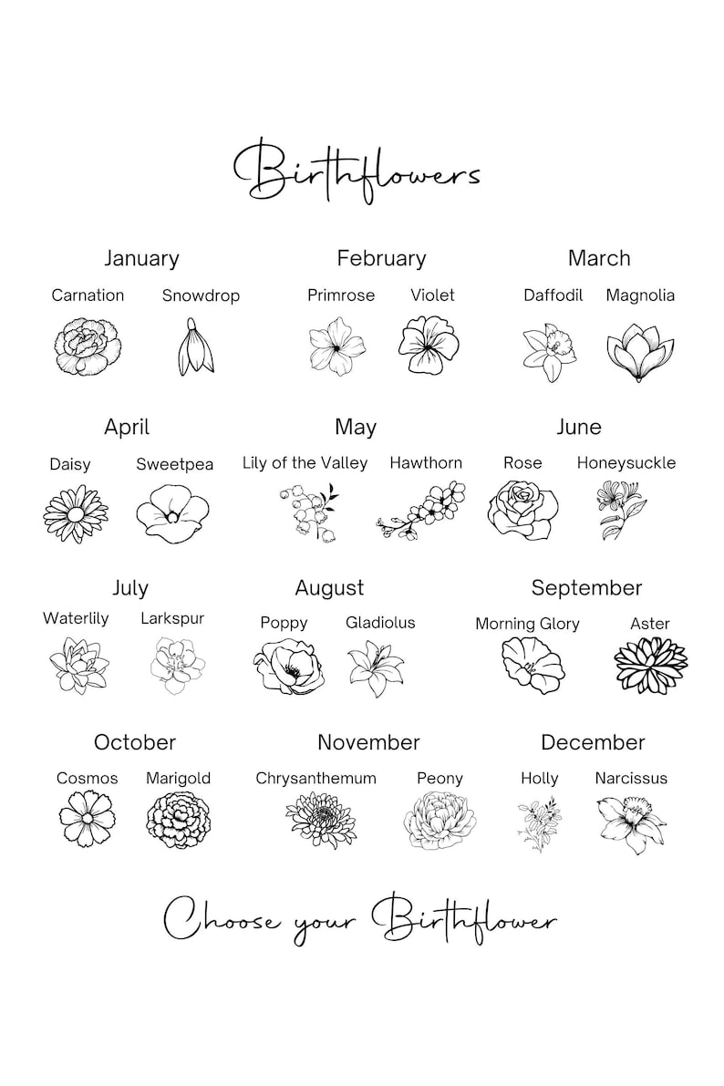 May include: A black and white chart titled Birthflowers featuring line art illustrations of two flowers for each month from January to December, including names like Carnation, Snowdrop, Primrose, Violet, Daffodil, Magnolia, Daisy, and others.