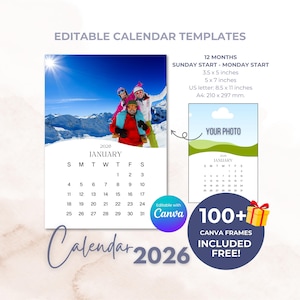 Modello modificabile del calendario 2026, calendario fotografico mensile, mini calendari 3,5x5, modelli Canva modificabili, calendario A4 e US Letter
