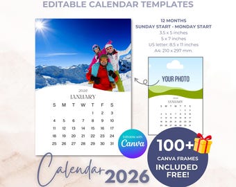 2026 Calendar Editable Template, Month at a Glance Photo Calendar, 3.5x5 Mini Calendars, Editable Canva Templates, A4 and US Letter Calendar