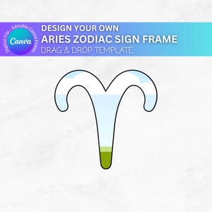 Peut inclure: Un cadre de signe du zodiaque Bélier bleu et blanc avec un design de ciel et d'herbe. Le cadre est un modèle numérique pour le glisser-déposer.
