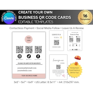 Bearbeitbare Social Media Follow QR-Code-Zeichenvorlagen, Scan-to-Pay-Karte, Karten für Unternehmen, Branding Kit Canva-Vorlagen, Hinterlassen Sie uns eine Bewertung