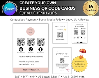 Puede incluir: Un conjunto de 16 plantillas de tarjetas de código QR de negocios editables. Las plantillas presentan una variedad de diseños, que incluyen una plantilla con tres códigos QR para redes sociales, una plantilla para una reseña de negocios y una plantilla para un fondo de luna de miel. Las plantillas están disponibles en una variedad de tamaños, que incluyen 3x5 pulgadas, 5x7 pulgadas, 6x9 pulgadas, 8.5x11 pulgadas y A4.