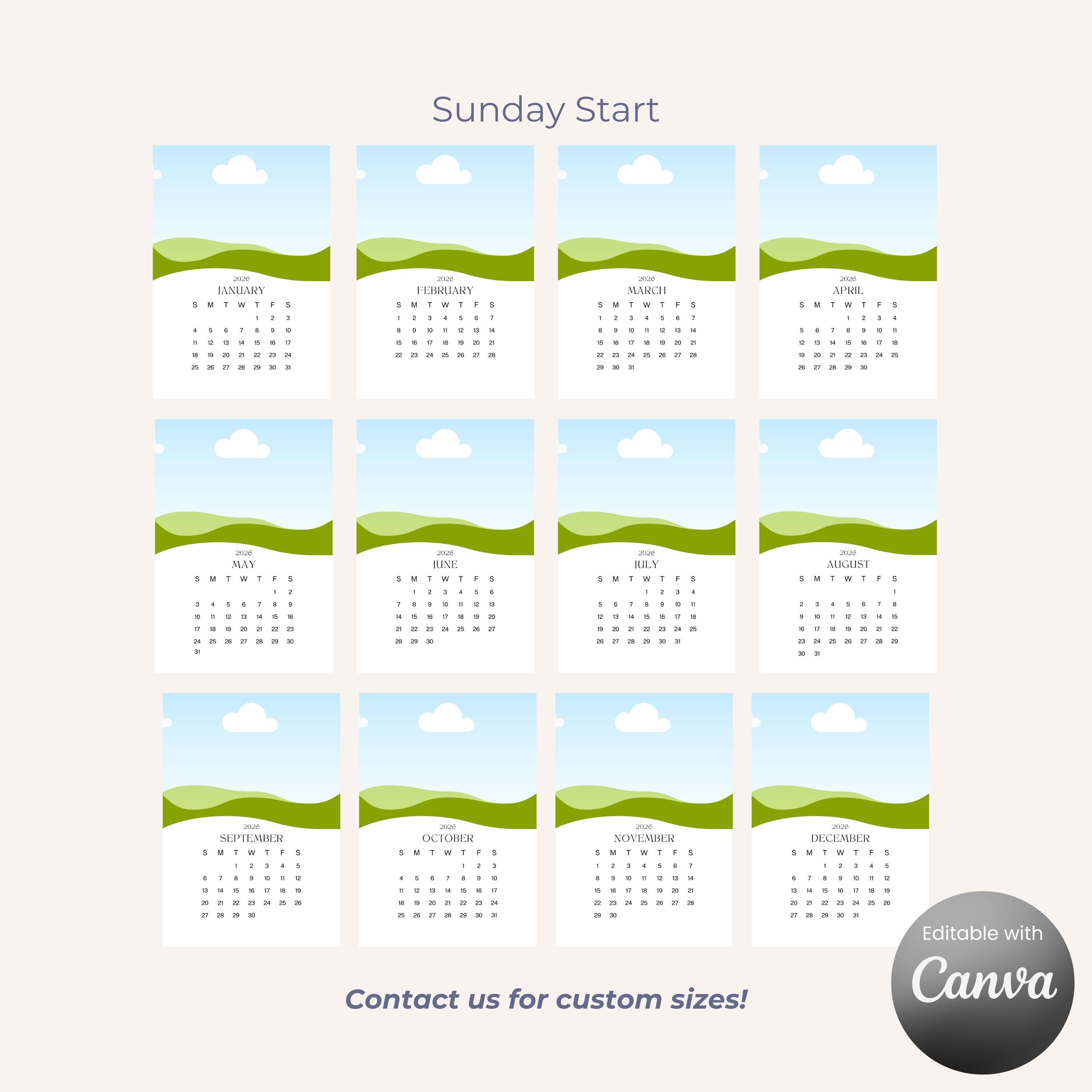 2026 Calendar Editable Template, Month at a Glance Photo Calendar, 3 ...