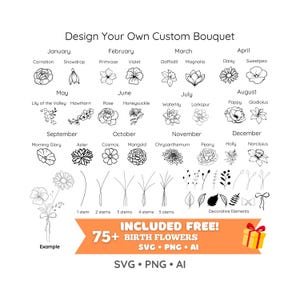 Geboorte bloemboeket Svg, geboortemaand bloemen tattoo Cliparts, minimalistische bloemen SVG, blad en stengel Cliparts, bloem Design PNG, lint Svg