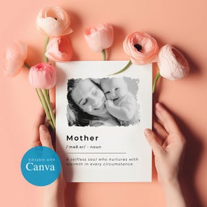 Modelo de cartão de definição de mãe, cartão de presente para o Dia das Mães, impressão de dicionário minimalista, arte de citação editável e imprimível do Canva, 5x7, A4, 8,5x11