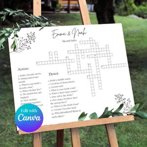May include: A printable wedding game for guests to play. The game is a crossword puzzle with clues about the bride and groom. The title of the game is "Emma & Noah Sip and Solve".