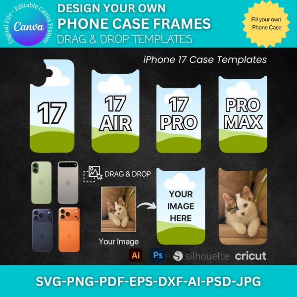 Pacchetto di modelli per custodie per iPhone 17 Pro Max, Pro, Air: spazi vuoti per sublimazione, modificabili con Canva - DOWNLOAD DIGITALE