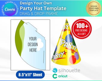 May include: A printable party hat template design with a colorful party hat illustration. The template is for an 8.5 by 11 inch sheet of paper and includes the text "Design Your Own Party Hat Template" and "Drag & Drop Frame".