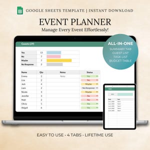 May include: A laptop and tablet showing an event planner template. The laptop screen displays a guest list and event details. Text includes "EVENT PLANNER" and "Manage Every Event Effortlessly!"