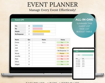 May include: A laptop and tablet displaying an event planner template. The laptop screen shows a guest list and event details. Text includes "EVENT PLANNER" and "Manage Every Event Effortlessly!"