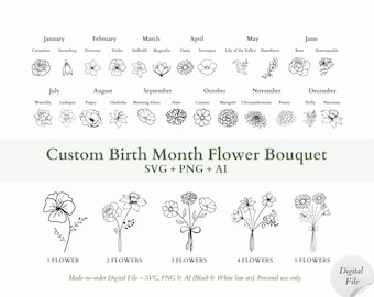 Birth Flower Bouquet Tattoo: Custom Botanical Illustration, Made to Order Digital Download