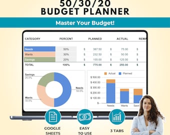 50/30/20 Budget Spreadsheet, Monthly Planner, Google Sheets Tracker (Digital Download)