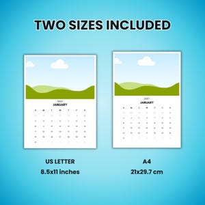 May include: Two calendars are displayed, one US Letter size at 8.5x11 inches and the other A4 size at 21x29.7 cm. Both calendars feature a landscape image at the top, with the month of January 2027 displayed below.