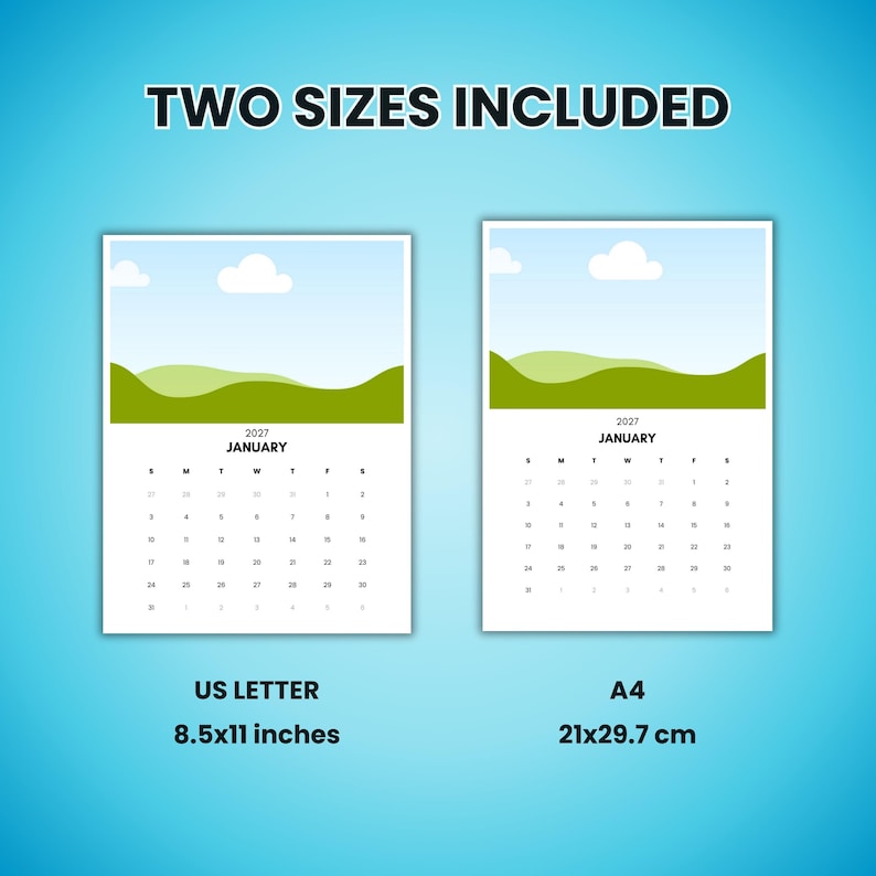 May include: Two calendars are displayed, one US Letter size at 8.5x11 inches and the other A4 size at 21x29.7 cm. Both calendars feature a landscape image at the top, with the month of January 2027 displayed below.