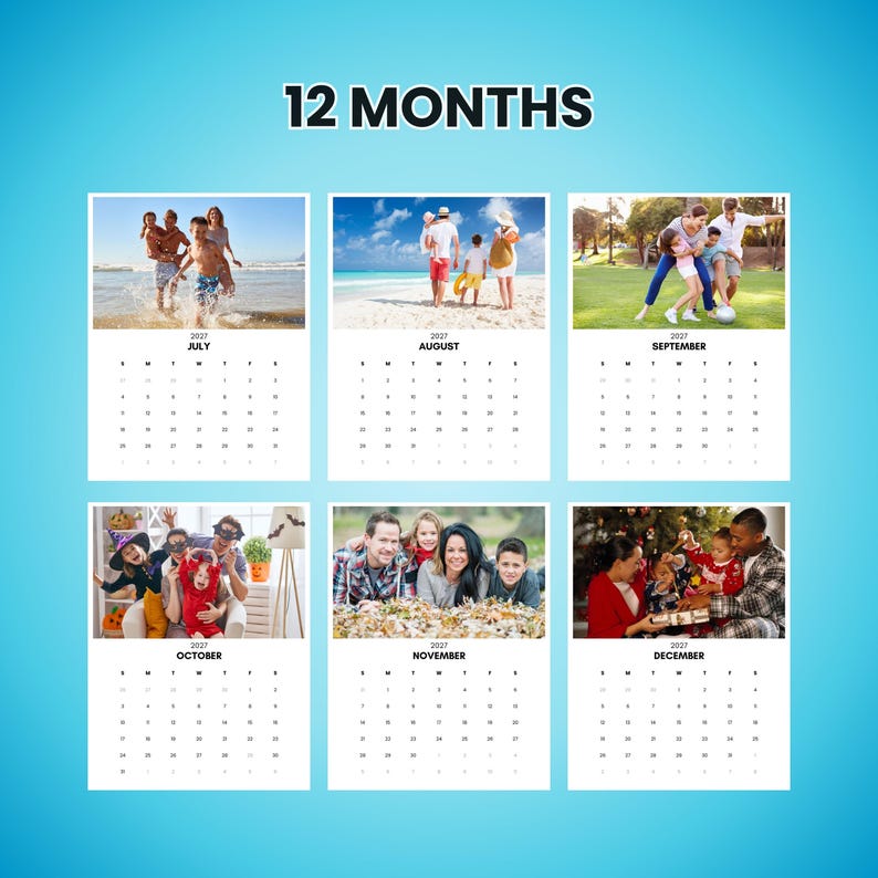 May include: A calendar with six months displayed, including July, August, September, October, November, and December. Each month features a photograph of people enjoying activities. The text "12 MONTHS" is at the top.