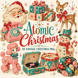 May include: A collection of vintage-style Christmas illustrations featuring a Santa face, wrapped gifts, a deer, a rotary phone, a poodle, a record player, a drum, a snowman, and light bulbs, with the text Atomic Christmas 20 VINTAGE CHRISTMAS PNGs.