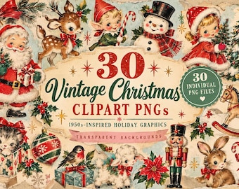 May include: A collection of 30 vintage Christmas clipart PNGs featuring illustrations of Santa Claus, a reindeer, an elf, a snowman, a child, a rocking horse, a kitten, a nutcracker, a rabbit, and holiday ornaments with text reading 30 Vintage Christmas CLIPART PNGs.