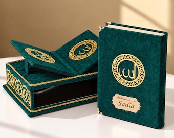 Ensemble de coran personnalisé avec support de bureau support de coran coffret cadeau islamique cadeau musulman cadeau mariage islamique cadeau d'anniversaire cadeau de la Omra revêtement velours