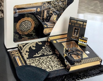 Personalisierte Luxus islamische Gebetsgeschenk Box Koran Gebetskette kundengerechter Gebetsteppich mit Kaaba Design Essance Solid Scent Miswak Kufi Hat