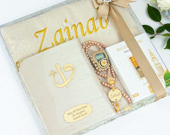 Personalized Prayer Mat, Islamic Gift Set, Yaseen Dua Book, Tasbih, Digital Counter & Perfume | Eid, Ramadan, Hajj, Umrah Gift