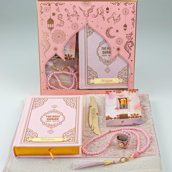 Personalized English Quran Prayer Rug Set Muslim Gift Ramadan Islamic Gift Eid Gift Prayer Rug Beads Thermo Leather Cover Pink Gold Gradient