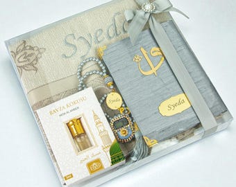 Personalized Prayer Mat, Islamic Gift Set, Prayer Rug for him, Yaseen Dua Book Tasbih Gift, Eid Gift, Ramadan Gift, Birthday Gifts, Gray