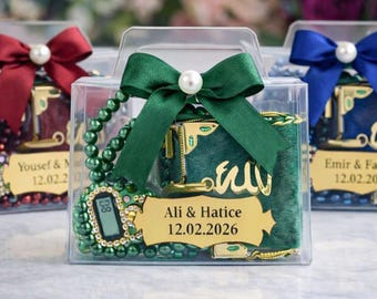 Personalized Velvet Mini Quran Gift Set with Decorative Elegant Box, Velvet, Pearl Tasbeeh Counter, Eid Favor, Wedding Gift